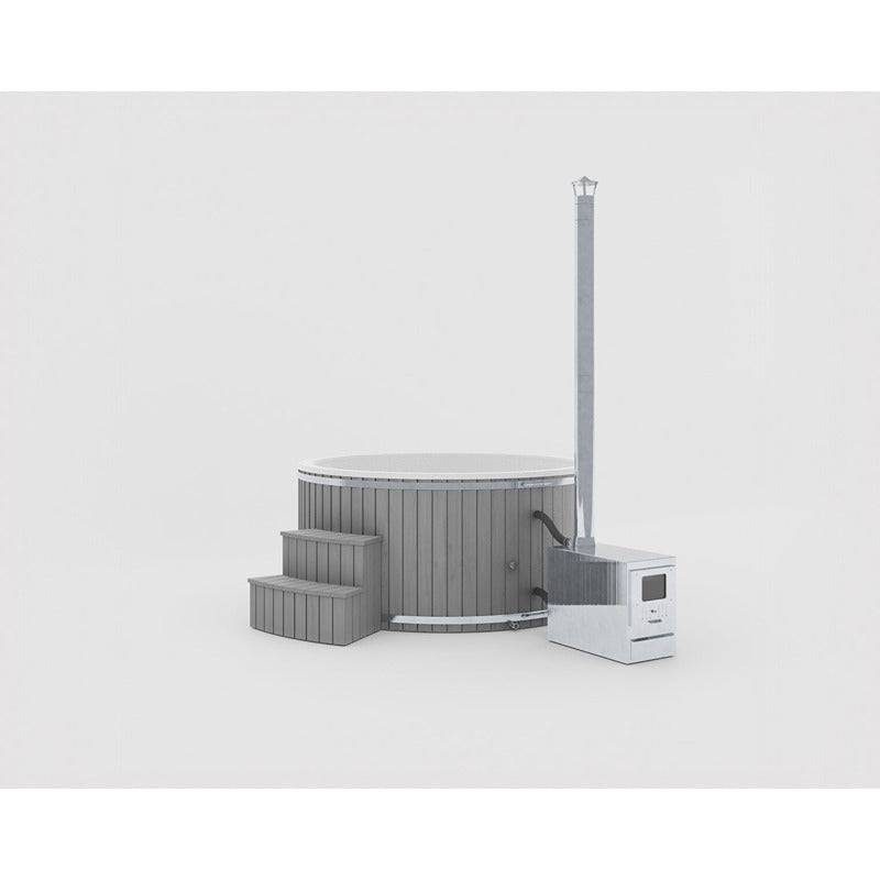 Benas Ex Hot Tub Gray – exclusive round tub with gray slatted cladding and external heater